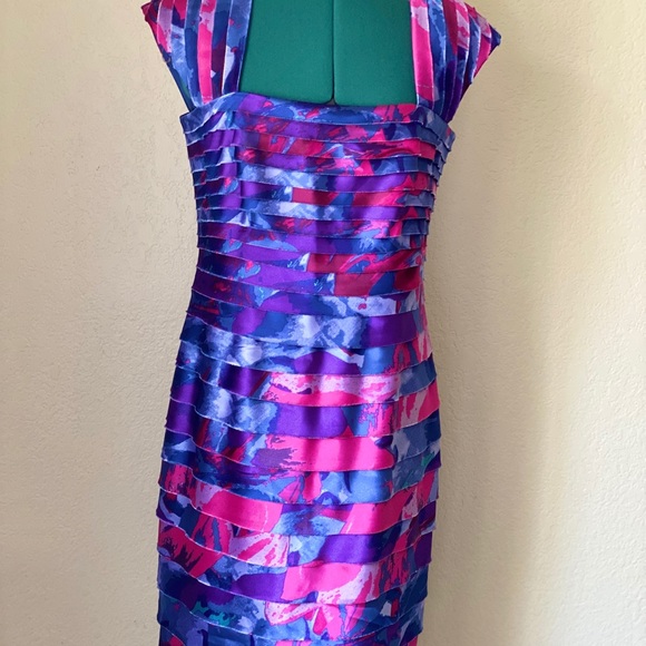 SOLD RAINBOW JONES NEW YORK COLORFUL PINK AND PURPLE PLEATED MIDI DRESS SIZE 8 - Picture 6 of 7